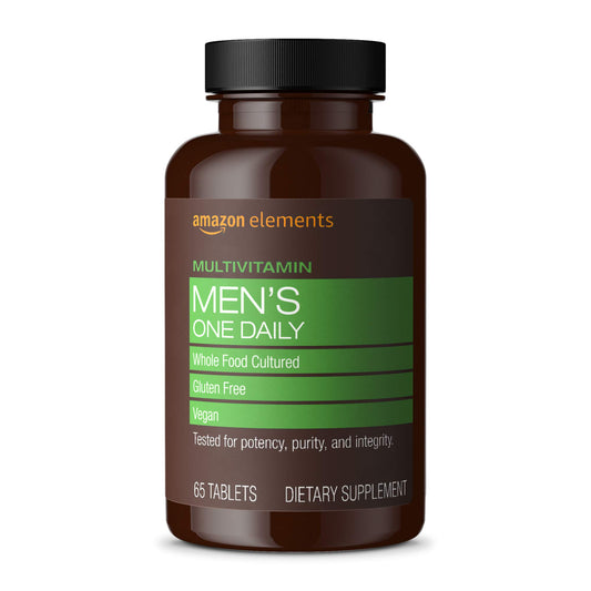 Amazon Elements Men's One Daily Multivitamin, 62% Whole Food Cultured, Vegan, 21 Vitamins and Minerals, 65 Tablets, 2 Month Supply (Packaging may vary)