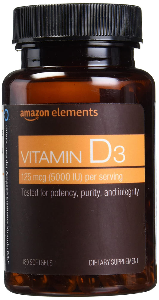 Amazon Elements Vitamin D3, 125 mcg (5000 IU), 180 Softgels