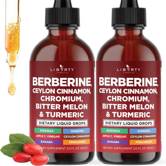 Berberine with Ceylon Cinnamon Supplement Liquid Drops + Bitter Melon Extract, Glucomannan, Gymnema, Chromium, Turmeric, Panax Ginseng, Moringa- 4 OZ