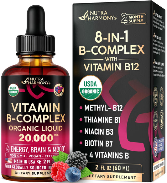 USDA Organic Vitamin B-Complex B5 Pantothenic Acid | B12 Methylcobalamin | B1 Thiamine | B6 Pyridoxine | B7 Biotin | B9 Folic | B3 Niacinamide - B Complex Liquid Drops, Made in USA Supplement, 2fl oz
