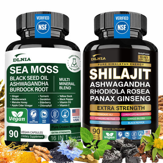 DLNIA Shilajit 9000mg, Sea Moss 17500mg, Ginger & Black Seed Oil 4000mg, Ashwagandha 5000mg, Rhodiola Rosea, 1000mg Panax Ginseng 1500mg, All in 1 Supplement - Sea Moss & Shilajit Vitality Bundle